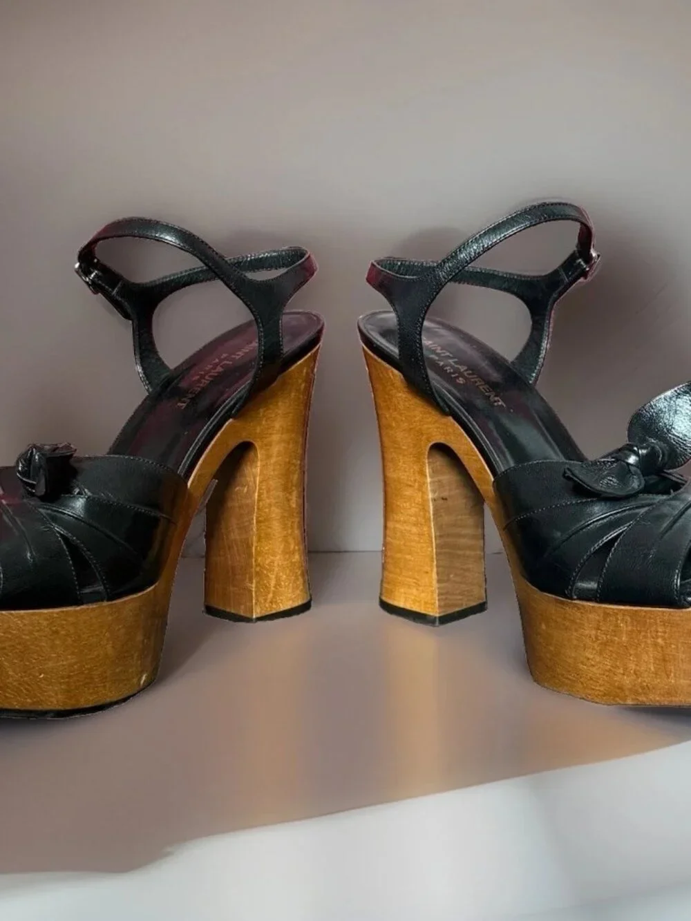 Saint Laurent Candy Black Leather Wooden Platform Sandals 38/8 US